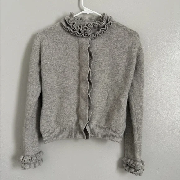 Pink Pineapple 100% Cashmere Ruffle Trim Cardigan Sweater Grey Size M - Picture 1 of 7